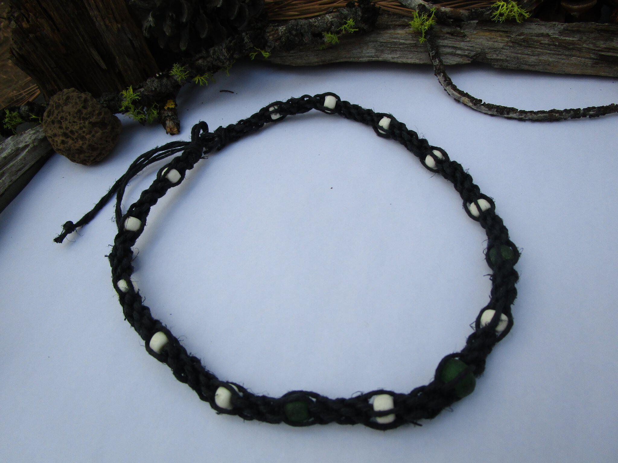 Black Double Spiral Necklace with Green Seaglass and Bone