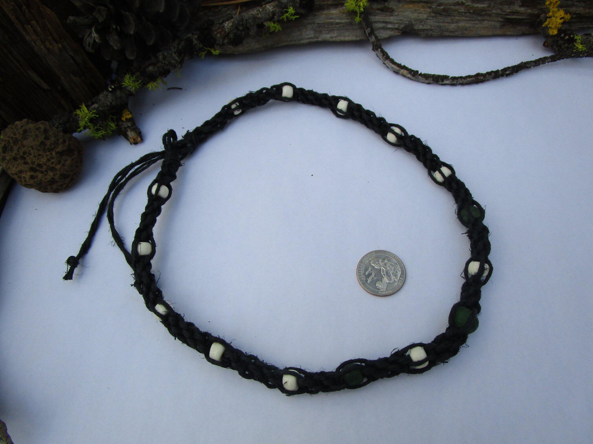 Black Double Spiral Necklace with Green Seaglass and Bone