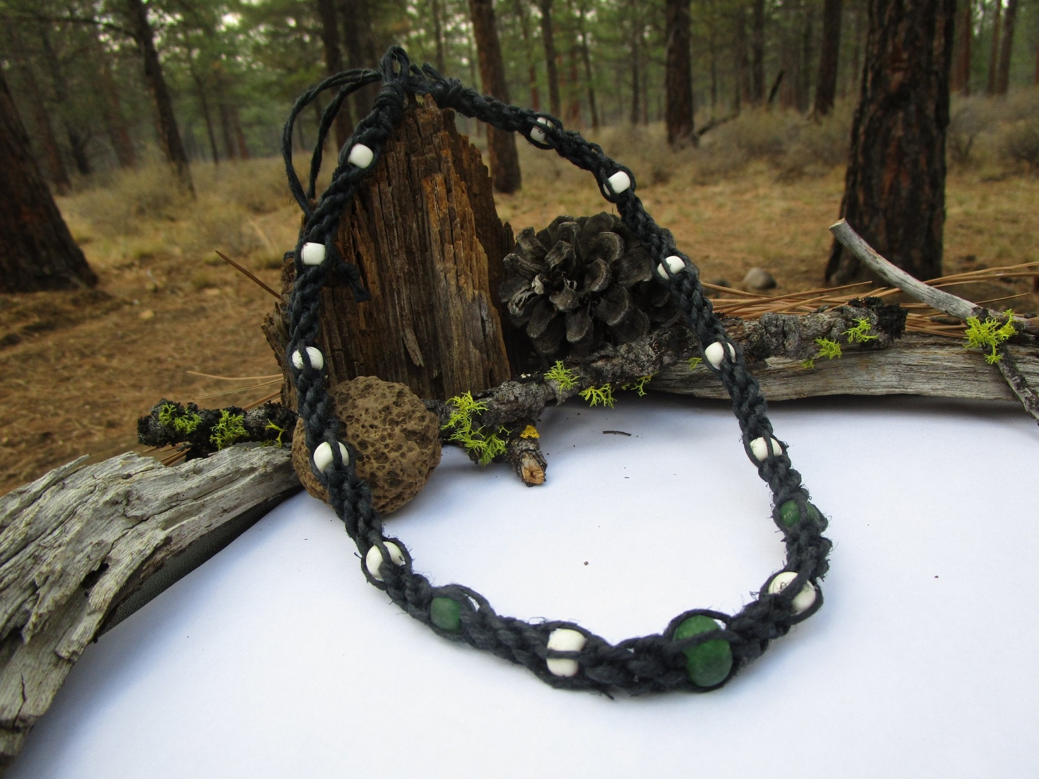 Black Double Spiral Necklace with Green Seaglass and Bone