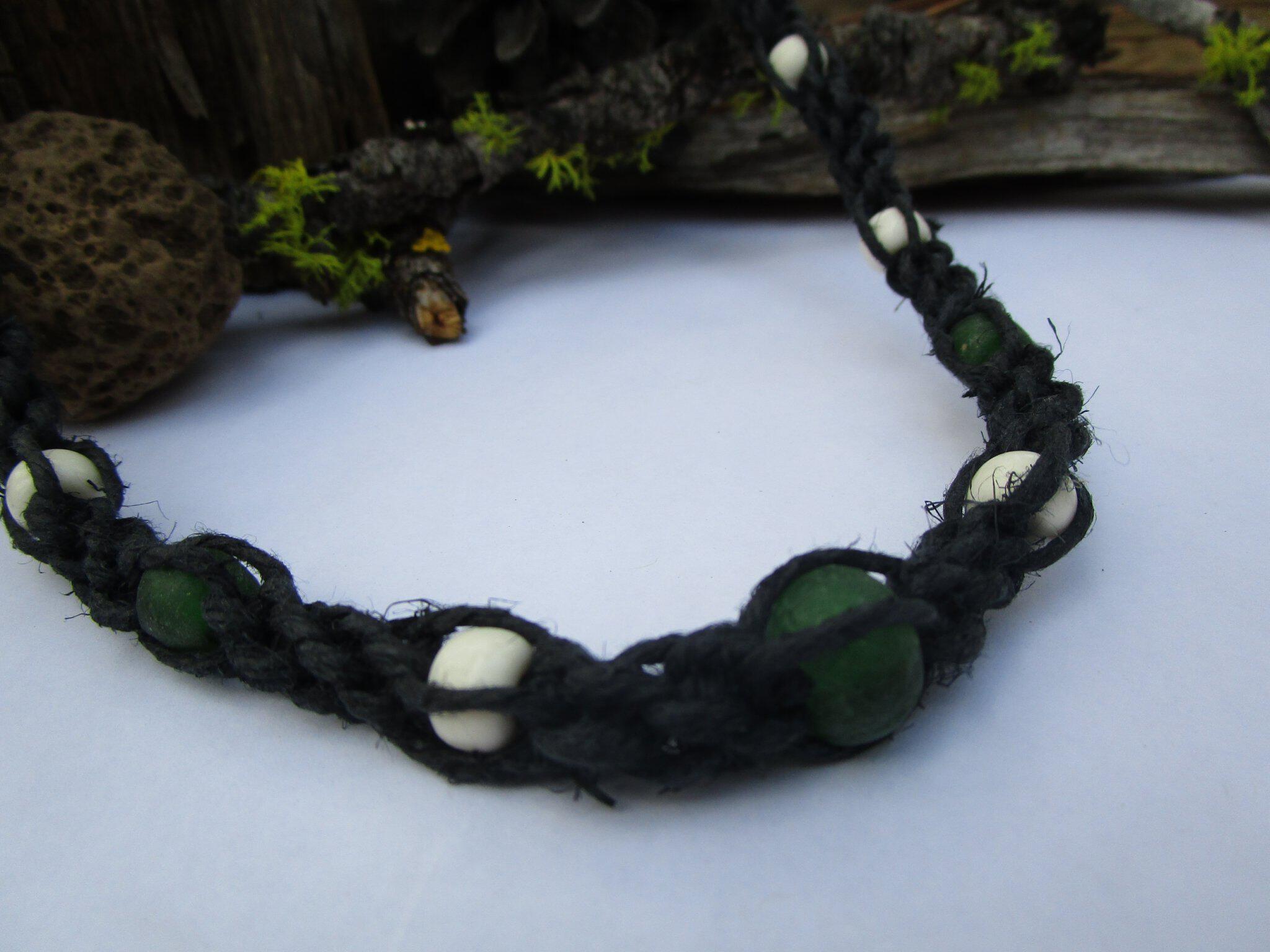 Black Double Spiral Necklace with Green Seaglass and Bone