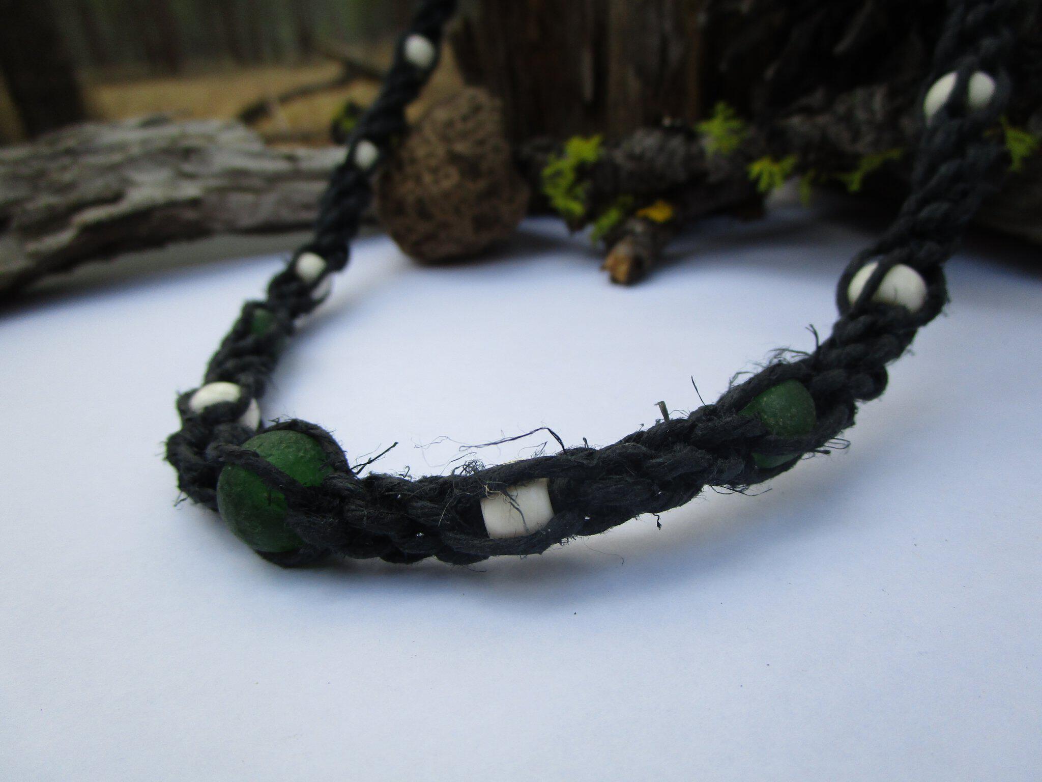 Black Double Spiral Necklace with Green Seaglass and Bone