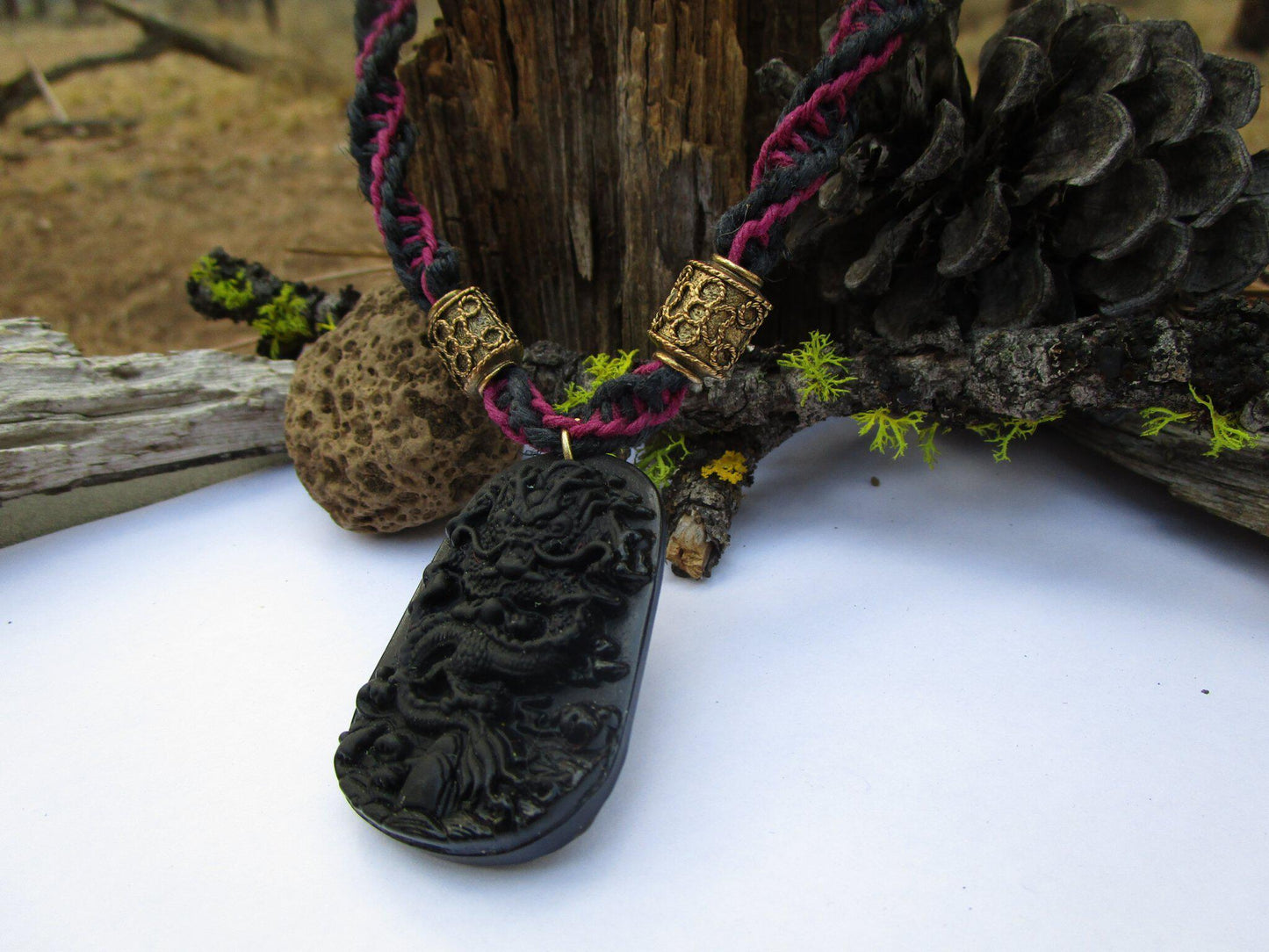 Hemp Double Spiral Necklace with Dragon Pendant (Petite size)