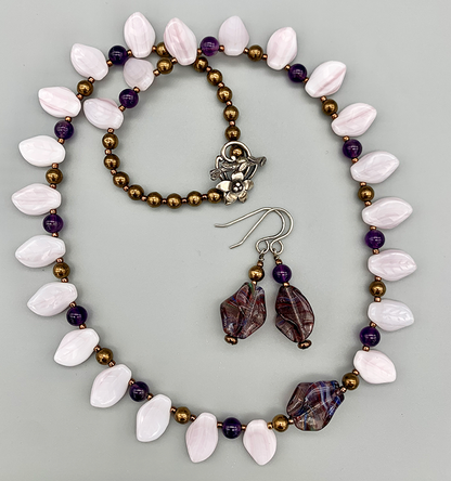 Necklace Set | 1960s violet/amethyst finned focal beads, pale lavender glass leaves, amethyst rounds