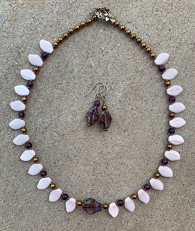 Necklace Set | 1960s violet/amethyst finned focal beads, pale lavender glass leaves, amethyst rounds