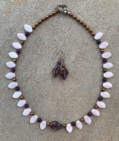 Necklace Set | 1960s violet/amethyst finned focal beads, pale lavender glass leaves, amethyst rounds