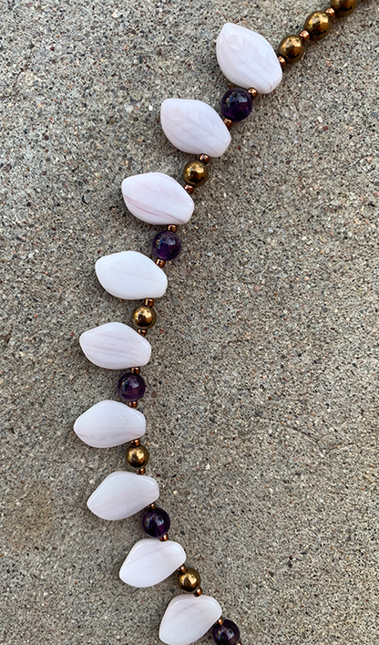 Necklace Set | 1960s violet/amethyst finned focal beads, pale lavender glass leaves, amethyst rounds