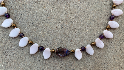 Necklace Set | 1960s violet/amethyst finned focal beads, pale lavender glass leaves, amethyst rounds
