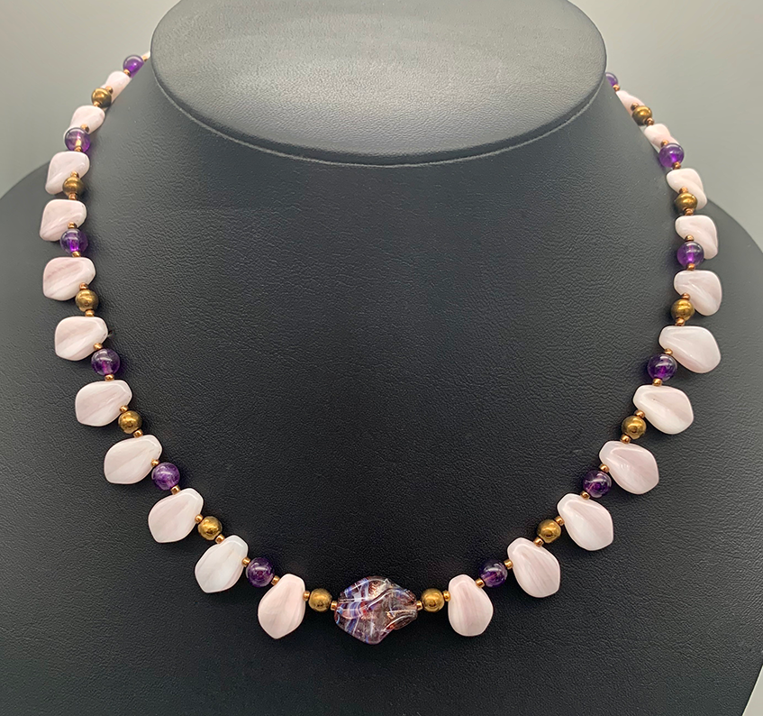 Necklace Set | 1960s violet/amethyst finned focal beads, pale lavender glass leaves, amethyst rounds