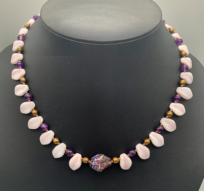 Necklace Set | 1960s violet/amethyst finned focal beads, pale lavender glass leaves, amethyst rounds