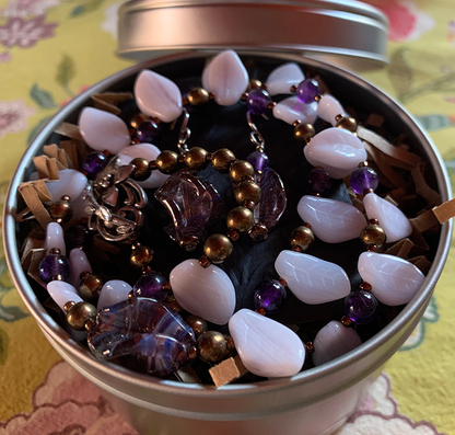 Necklace Set | 1960s violet/amethyst finned focal beads, pale lavender glass leaves, amethyst rounds