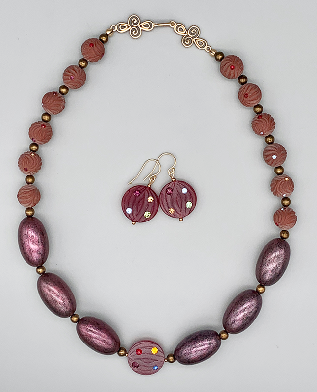Necklace Set | Mauve vintage lucite rounds and disks with crystals, large lucite metallic plum ovals
