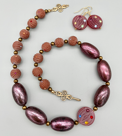 Necklace Set | Mauve vintage lucite rounds and disks with crystals, large lucite metallic plum ovals