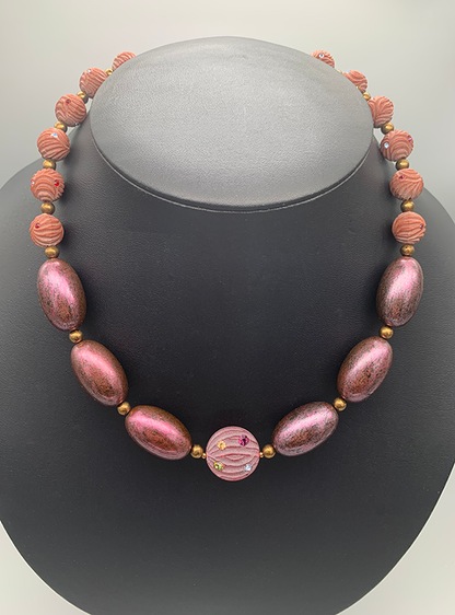 Necklace Set | Mauve vintage lucite rounds and disks with crystals, large lucite metallic plum ovals