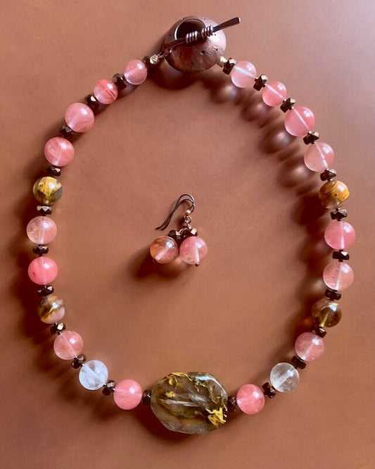 Necklace set | Faceted quartz focal bead, watermelon quartz rounds, artisan copper toggle clasp