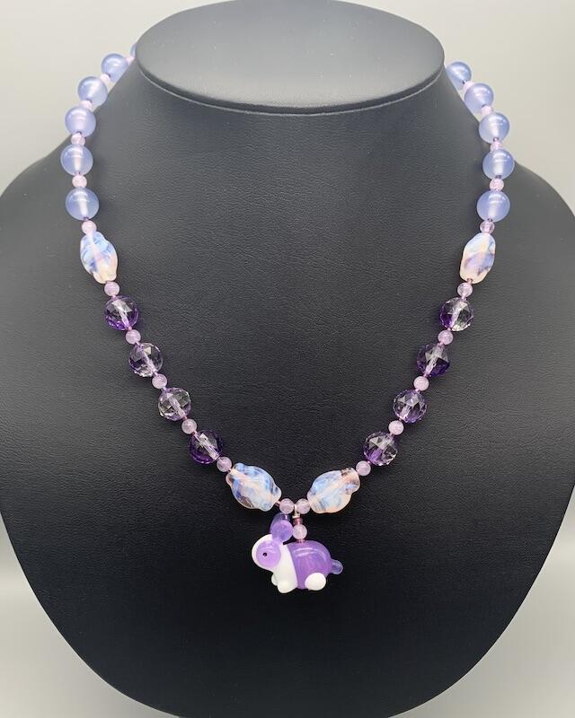 Necklace set | Artisan glass lampwork bunny bead, ametrine, grape chalcedony, Cape amethyst, vintage Japanese glass beads