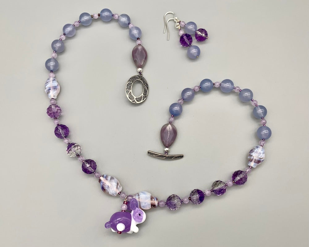 Necklace set | Artisan glass lampwork bunny bead, ametrine, grape chalcedony, Cape amethyst, vintage Japanese glass beads