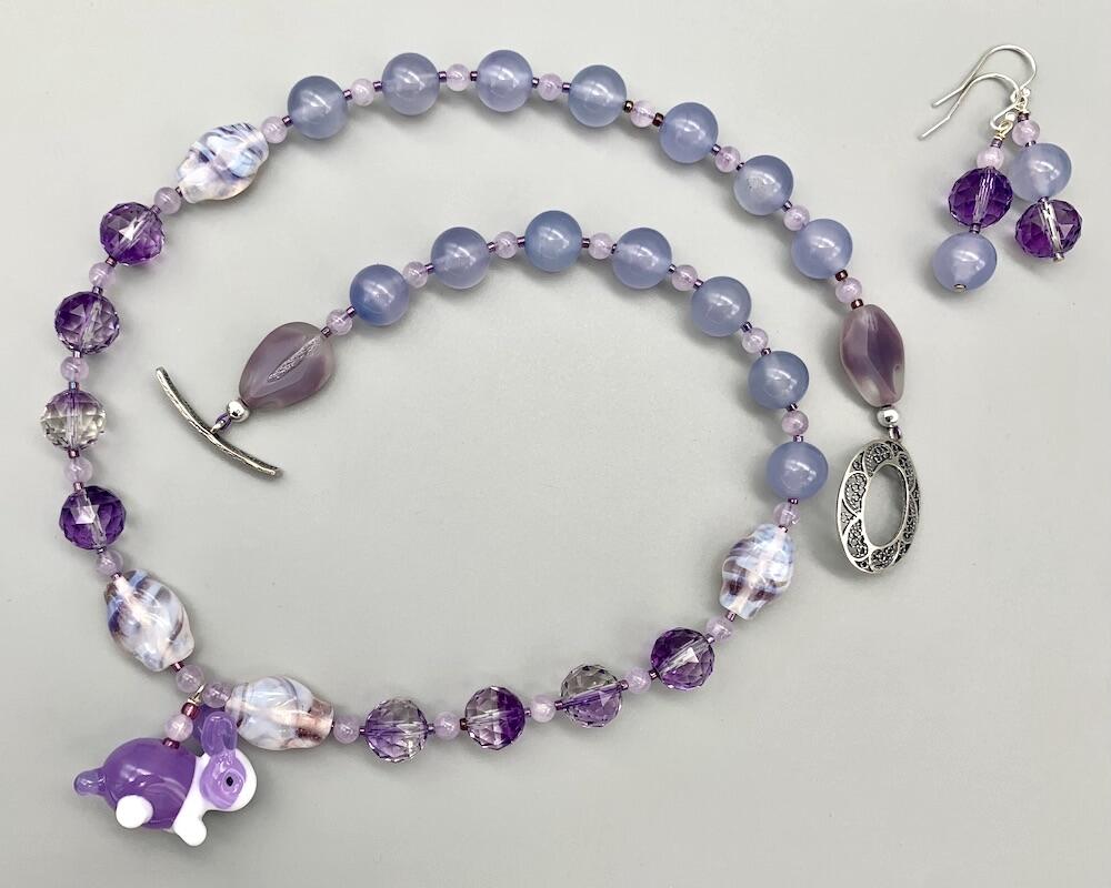 Necklace set | Artisan glass lampwork bunny bead, ametrine, grape chalcedony, Cape amethyst, vintage Japanese glass beads