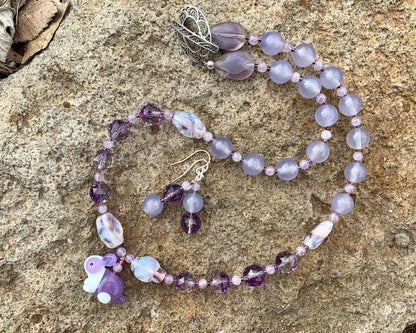 Necklace set | Artisan glass lampwork bunny bead, ametrine, grape chalcedony, Cape amethyst, vintage Japanese glass beads