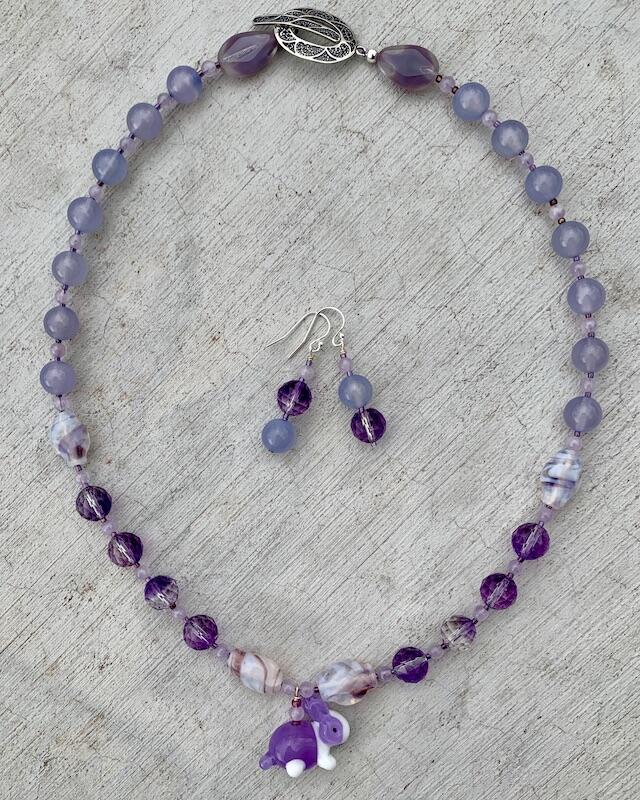 Necklace set | Artisan glass lampwork bunny bead, ametrine, grape chalcedony, Cape amethyst, vintage Japanese glass beads