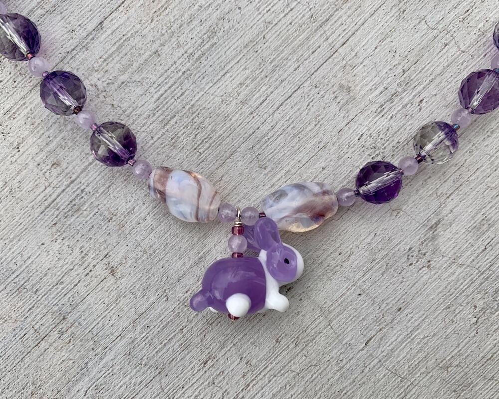 Necklace set | Artisan glass lampwork bunny bead, ametrine, grape chalcedony, Cape amethyst, vintage Japanese glass beads