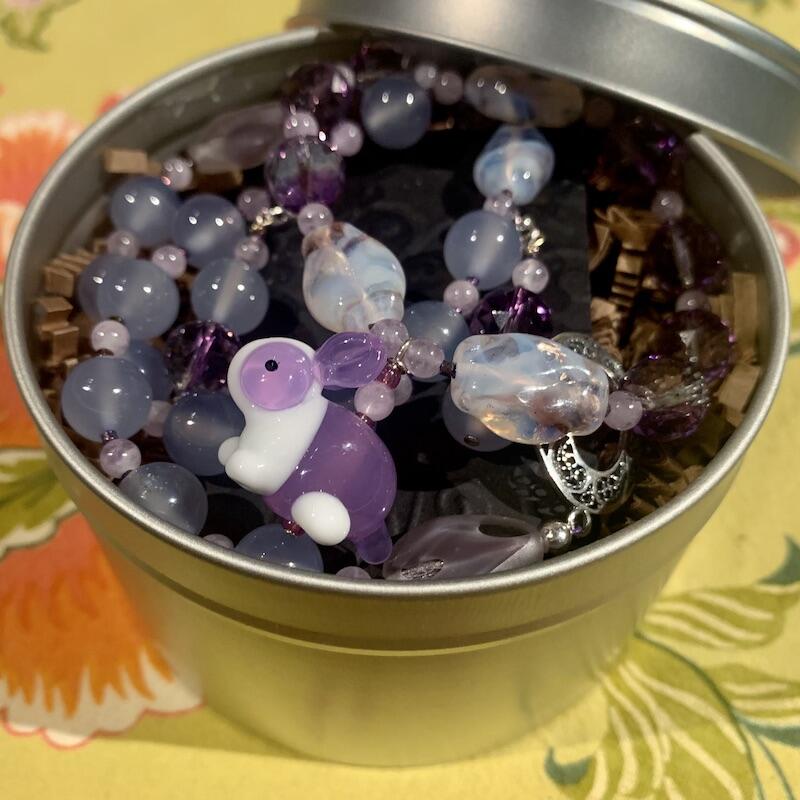 Necklace set | Artisan glass lampwork bunny bead, ametrine, grape chalcedony, Cape amethyst, vintage Japanese glass beads