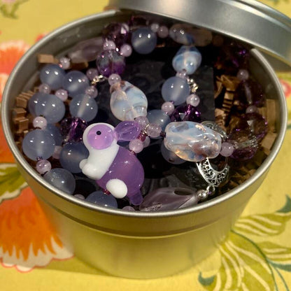 Necklace set | Artisan glass lampwork bunny bead, ametrine, grape chalcedony, Cape amethyst, vintage Japanese glass beads