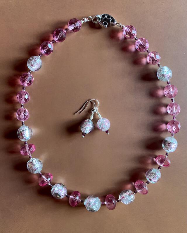 Necklace set | Mid-century French (Miriam Haskell) rounds, 1920s Czech faceted dark pink crystal rounds, sterling pea pod puzzle clasp