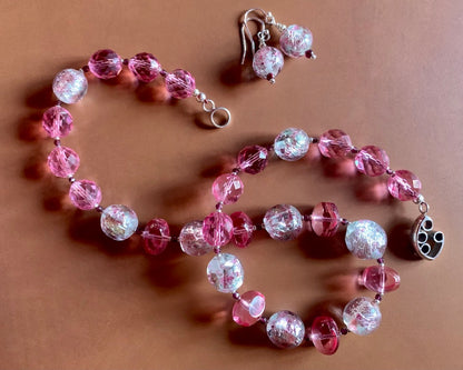 Necklace set | Mid-century French (Miriam Haskell) rounds, 1920s Czech faceted dark pink crystal rounds, sterling pea pod puzzle clasp