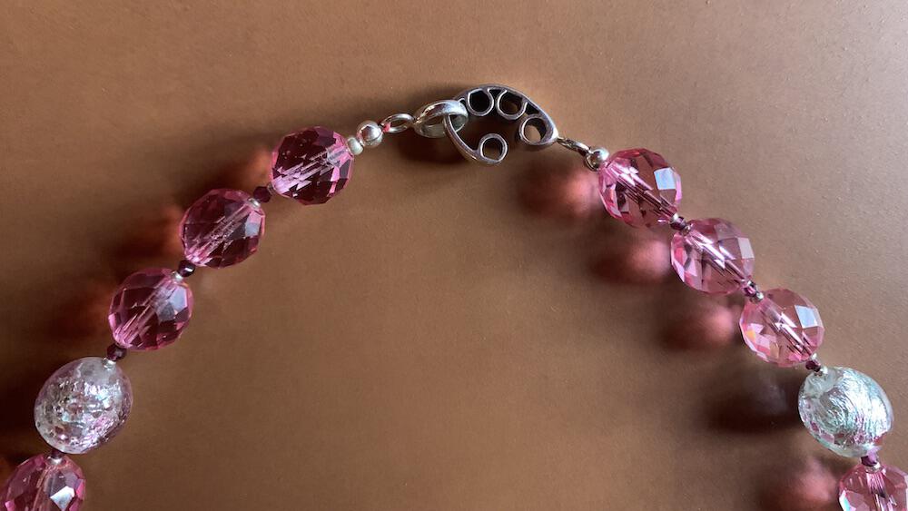 Necklace set | Mid-century French (Miriam Haskell) rounds, 1920s Czech faceted dark pink crystal rounds, sterling pea pod puzzle clasp