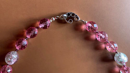 Necklace set | Mid-century French (Miriam Haskell) rounds, 1920s Czech faceted dark pink crystal rounds, sterling pea pod puzzle clasp