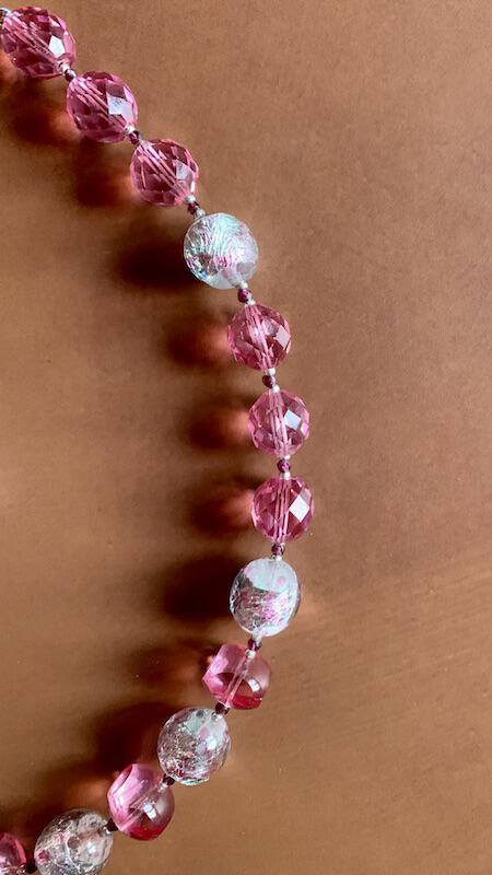 Necklace set | Mid-century French (Miriam Haskell) rounds, 1920s Czech faceted dark pink crystal rounds, sterling pea pod puzzle clasp