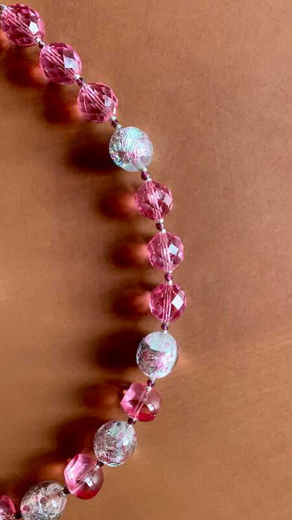 Necklace set | Mid-century French (Miriam Haskell) rounds, 1920s Czech faceted dark pink crystal rounds, sterling pea pod puzzle clasp