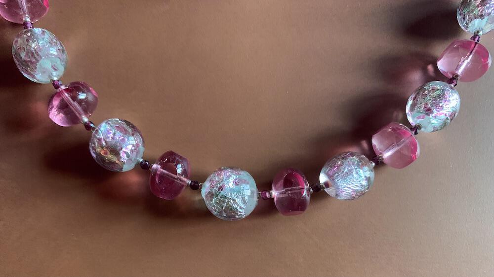 Necklace set | Mid-century French (Miriam Haskell) rounds, 1920s Czech faceted dark pink crystal rounds, sterling pea pod puzzle clasp