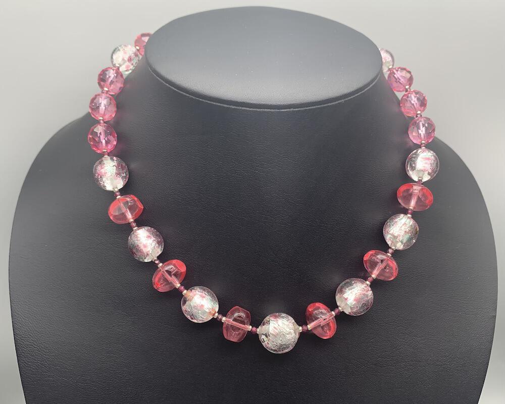 Necklace set | Mid-century French (Miriam Haskell) rounds, 1920s Czech faceted dark pink crystal rounds, sterling pea pod puzzle clasp