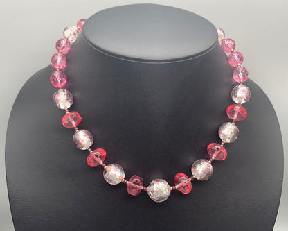 Necklace set | Mid-century French (Miriam Haskell) rounds, 1920s Czech faceted dark pink crystal rounds, sterling pea pod puzzle clasp