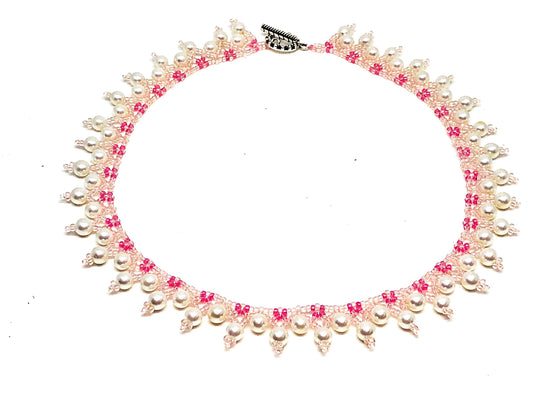 Handmade Pink Pearl Netting Beadweaving Necklace