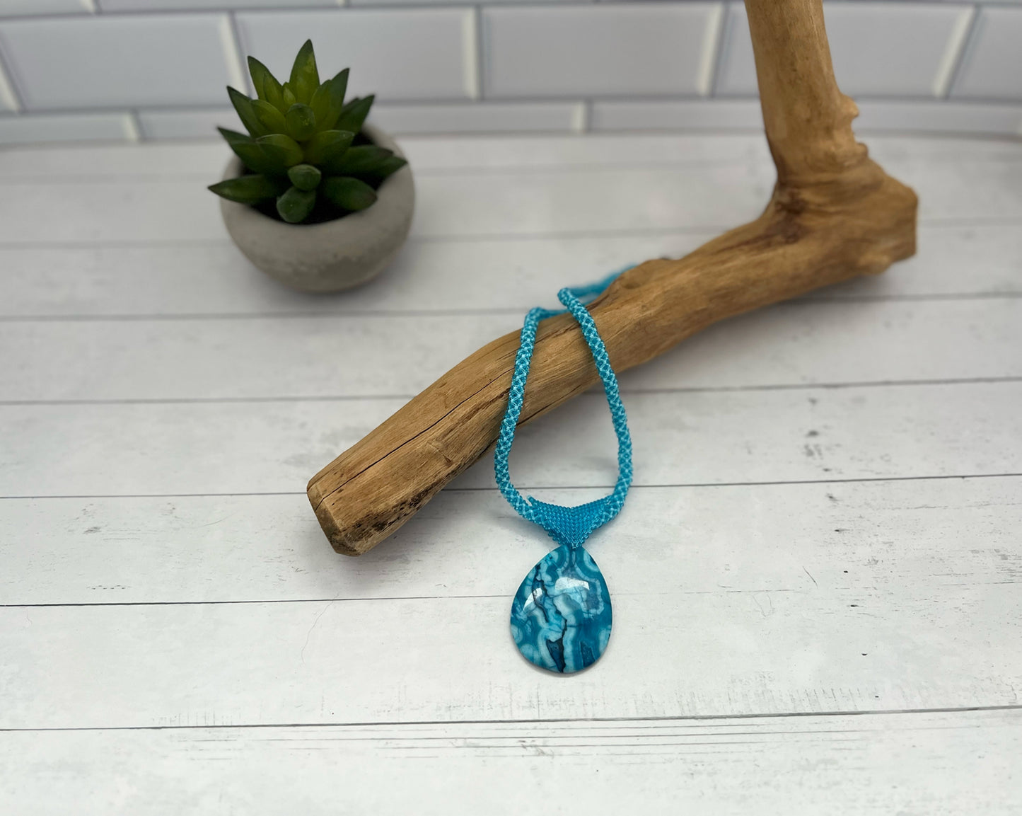Blue Agate Pendant Necklace, Chenille Stitch Beaded Necklace, 18 Inch