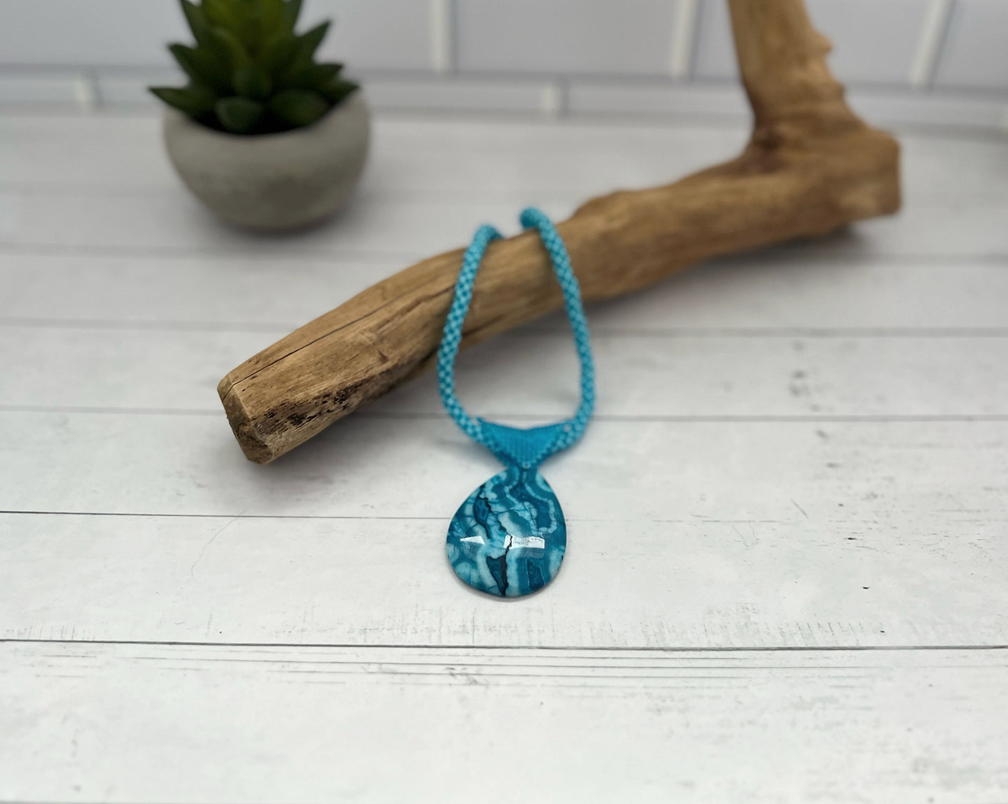 Blue Agate Pendant Necklace, Chenille Stitch Beaded Necklace, 18 Inch