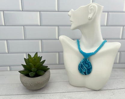 Blue Agate Pendant Necklace, Chenille Stitch Beaded Necklace, 18 Inch