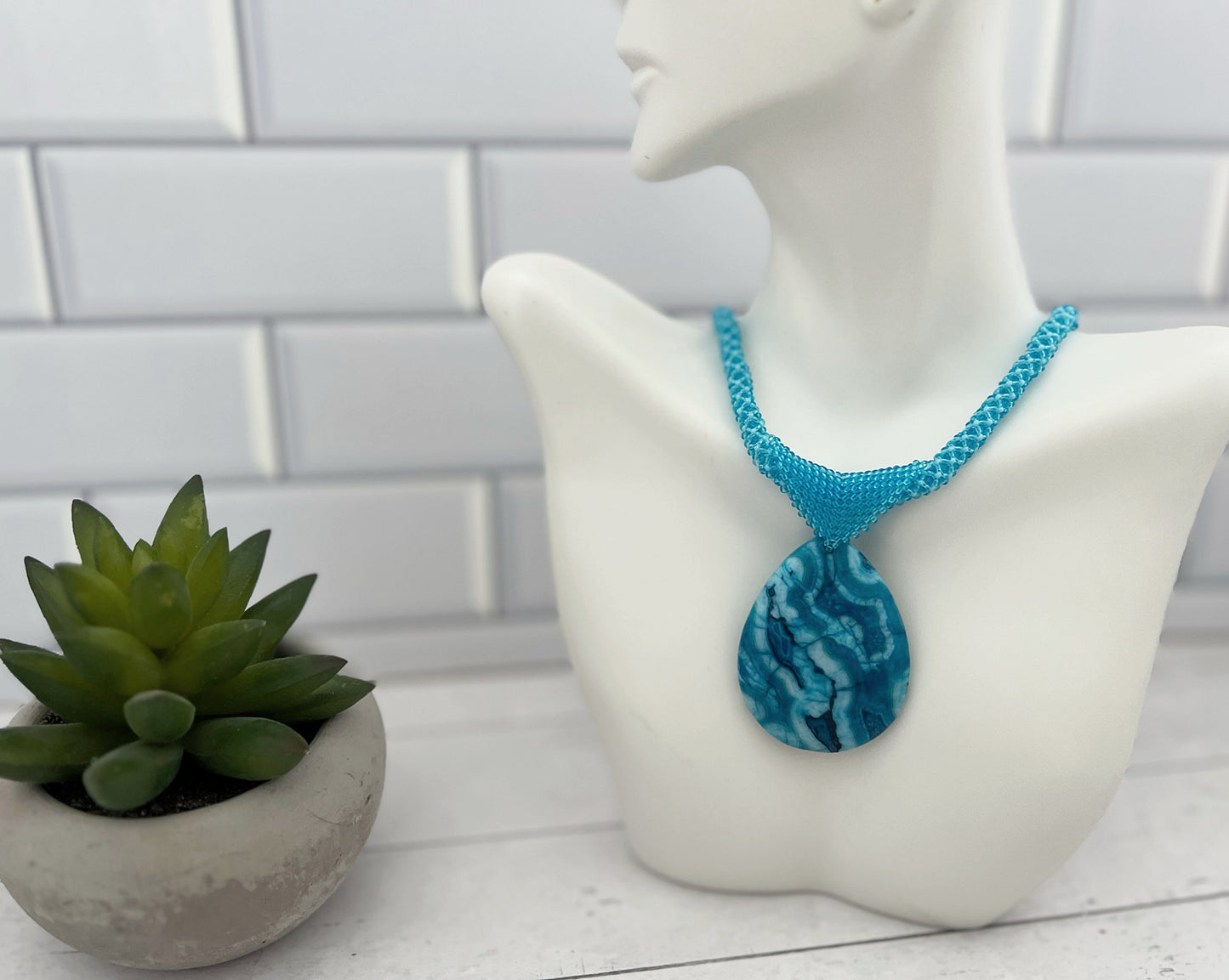 Blue Agate Pendant Necklace, Chenille Stitch Beaded Necklace, 18 Inch