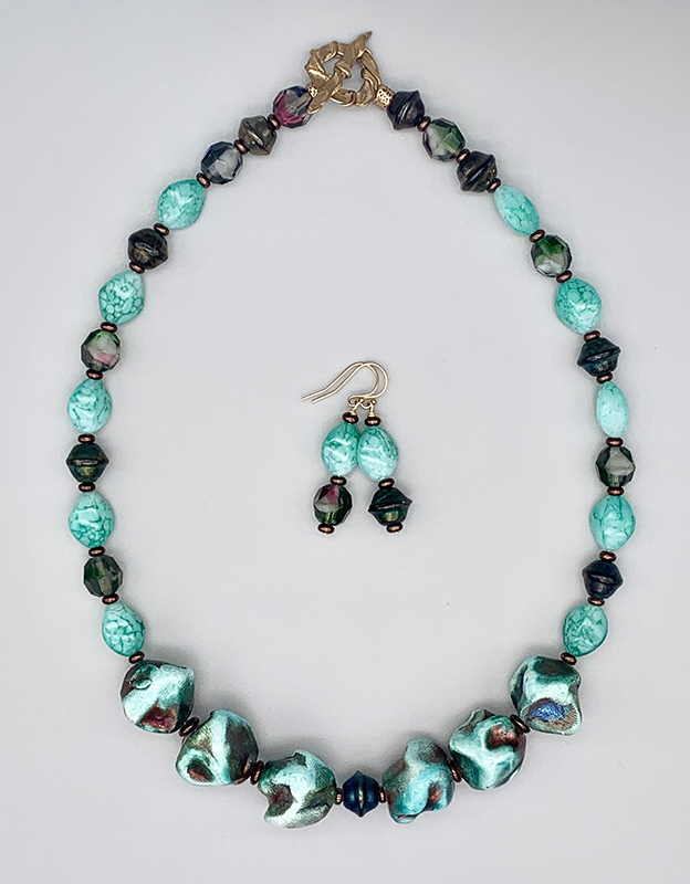 Necklace Set | Blue-green/copper raku nuggets, vintage faux-stone, faceted givre, and metallic bi-cones