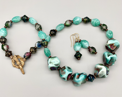 Necklace Set | Blue-green/copper raku nuggets, vintage faux-stone, faceted givre, and metallic bi-cones