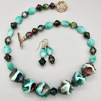 Necklace Set | Blue-green/copper raku nuggets, vintage faux-stone, faceted givre, and metallic bi-cones