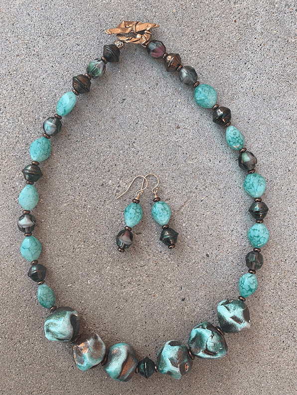 Necklace Set | Blue-green/copper raku nuggets, vintage faux-stone, faceted givre, and metallic bi-cones