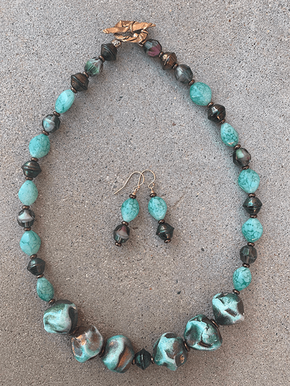 Necklace Set | Blue-green/copper raku nuggets, vintage faux-stone, faceted givre, and metallic bi-cones