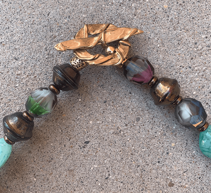 Necklace Set | Blue-green/copper raku nuggets, vintage faux-stone, faceted givre, and metallic bi-cones