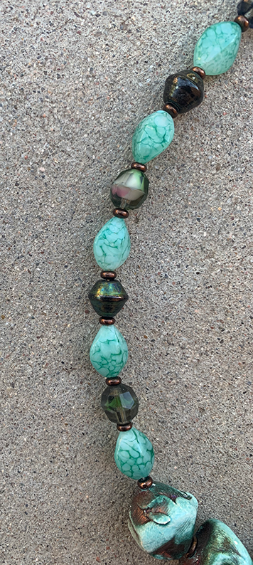 Necklace Set | Blue-green/copper raku nuggets, vintage faux-stone, faceted givre, and metallic bi-cones