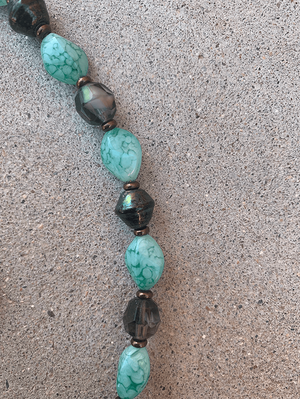 Necklace Set | Blue-green/copper raku nuggets, vintage faux-stone, faceted givre, and metallic bi-cones