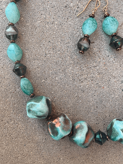 Necklace Set | Blue-green/copper raku nuggets, vintage faux-stone, faceted givre, and metallic bi-cones