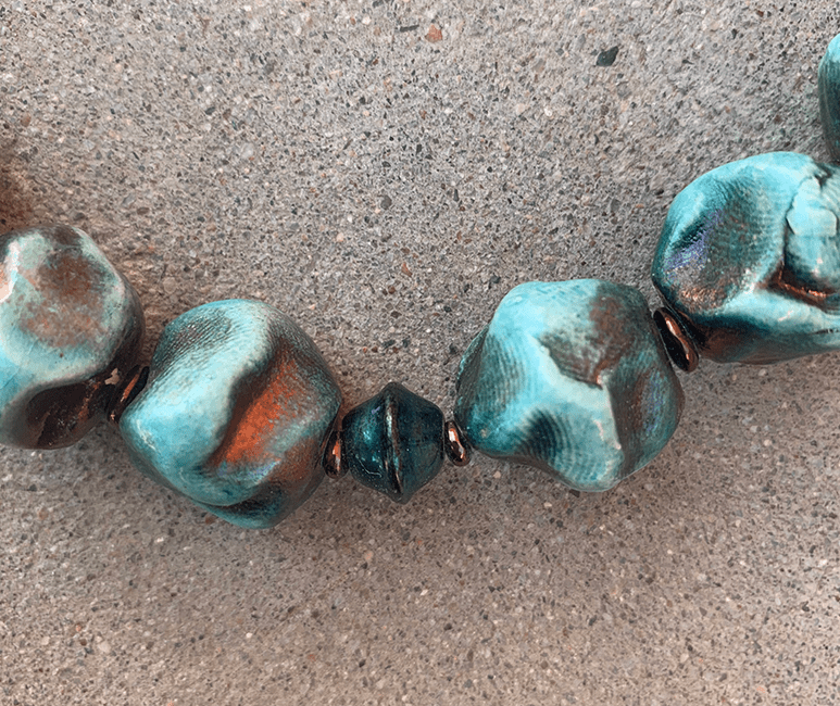 Necklace Set | Blue-green/copper raku nuggets, vintage faux-stone, faceted givre, and metallic bi-cones